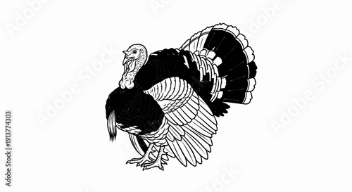 Detailed ink drawing of a proud turkey displaying its fan-shaped tail