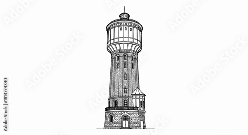Detailed ink drawing of an old stone water tower with a domed roof
