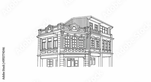 Detailed ink drawing of an ornate, multi-story historical building with large windows