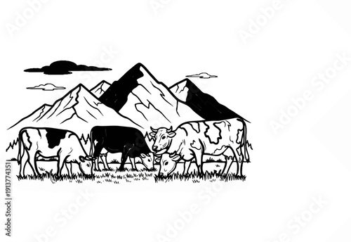 Dairy cows graze peacefully on green grass below imposing mountains