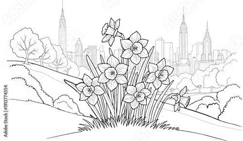 Daffodils bloom in a park with a city skyline in the background