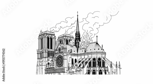 Detailed ink drawing of Notre Dame Cathedral engulfed in flames, smoke billows upwards
