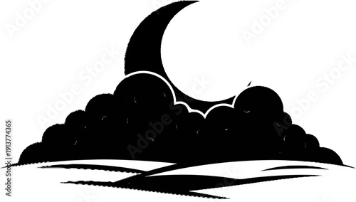 Dark clouds obscure a bright crescent moon over a stylized landscape