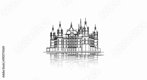 Detailed architectural sketch of a grand, multi-towered castle with a dome and reflected image