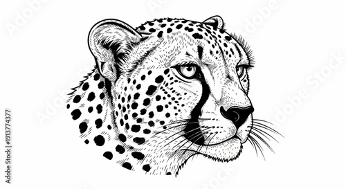 Detailed ink sketch of a cheetah's head, facing right, with spots