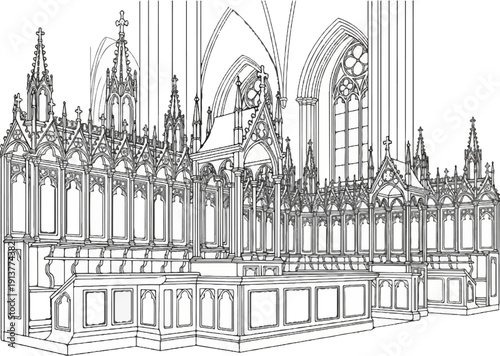 Detailed architectural sketch of a gothic church interior with ornate stalls