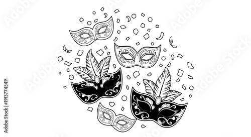 Decorative Venetian masks with feathers and confetti