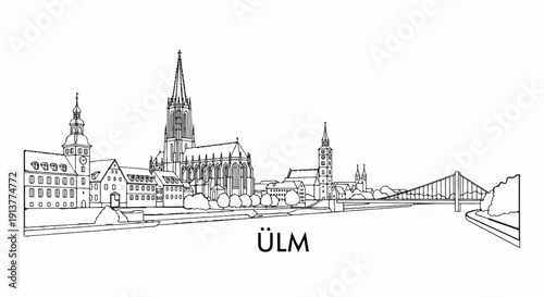 Detailed line art skyline of a European city featuring gothic architecture and a suspension bridge