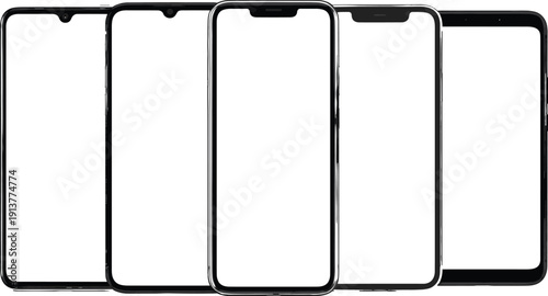 Modern smartphone screen mockup frames collection with blank display, front view mobile device templates for app presentation and UI design