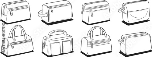Set of eight travel toiletry and handbag line art icons, minimal zipper pouch and cosmetic bag vector illustrations, black and white