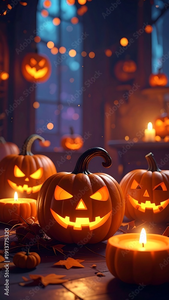 Fototapeta premium A dimly lit room with jack-o-lanterns and candles on a table