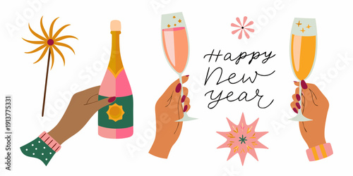 Celebratory new year illustration with champagne hands and festive decorations