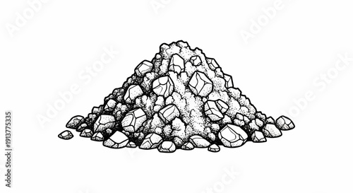 Detailed black and white illustration of a pile of varied-sized rocks