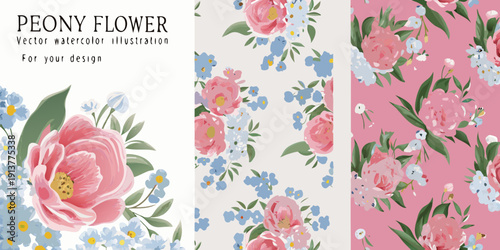 Floral pattern with pink peonies blue forget me nots and green leaves