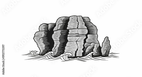 Detailed black and white illustration of a rugged rock formation in choppy ocean waves