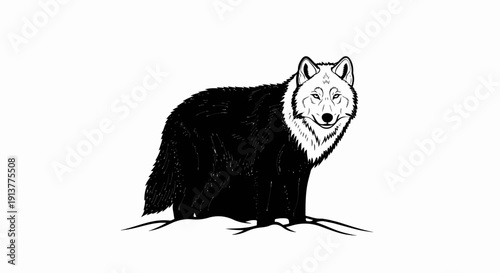 Detailed black and white illustration of a wolf standing alert