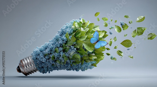 A creative light bulb filled with blue flowers and green leaves exploding with a blue butterfly