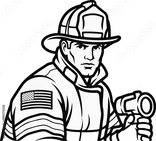 Determined firefighter in protective gear with hose, ready for action