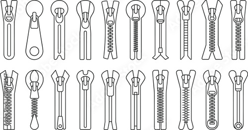 zipper icons set, zipper pulls and sliders, monoline outline vector, garment fastener symbols, sewing hardware, fashion accessory icons, editable stroke, UI icon pack