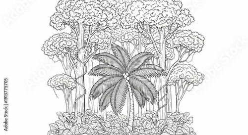 Detailed line drawing of a lush tropical forest with a palm tree center