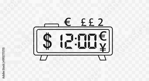 Digital display shows time 1200 with currency symbols dollar, euro, yen