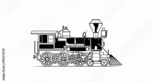 Detailed black and white line art illustration of an antique steam locomotive
