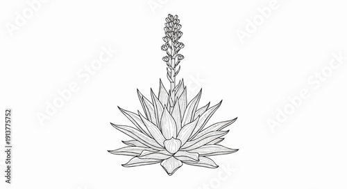 Detailed line drawing of a succulent plant with a tall, flowering stalk