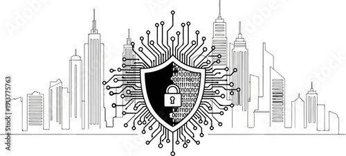 Digital security shield protecting a city skyline rendered in schematic lines