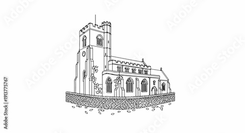 Detailed black and white line art sketch of a historic church with a tall tower