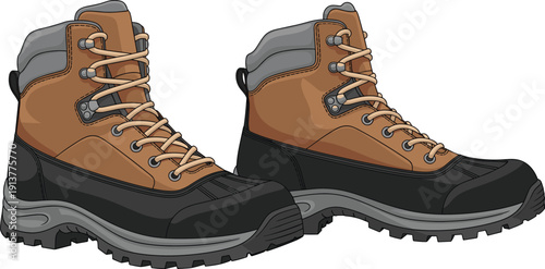 Pair of professional brown and black waterproof hiking boots with durable soles for outdoor adventure and mountain trekking isolated