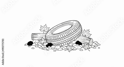 Discarded tire and logs nestled amongst rocks and fallen leaves