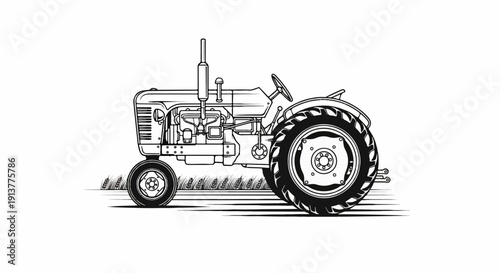 Detailed line drawing of a vintage agricultural tractor in profile on a white background