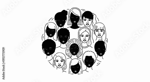 Diverse circle of faces showcasing various hairstyles and skin tones