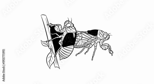Detailed black and white line drawing of two cicadas clinging to a plant stem