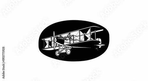 Detailed outline of a vintage biplane within an oval silhouette