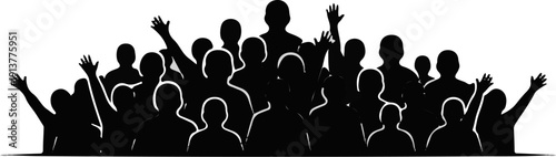 Diverse crowd of people with raised hands against a white background