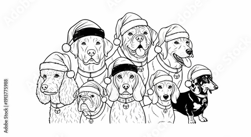 Diverse dogs in festive hats, a charming holiday illustration