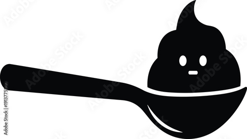 Cute poop emoji character on spoon silhouette, funny food waste concept, dessert or medicine humor icon, black isolated vector, simple graphic design.