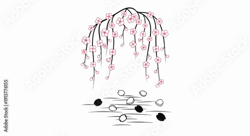 Delicate pink blossoms cascade downwards over rippling water