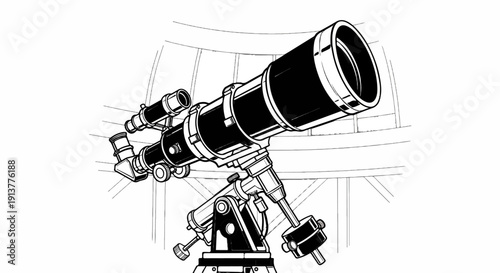 Detailed illustration of a large telescope on a mount within an observatory dome