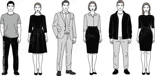 Minimalist line art illustration of men and women in various business casual and formal attire standing on white background