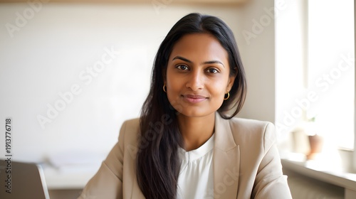 Confident Indian woman smiles warmly during a video call in bright modern home office setting Free Download Confident Indian woman smiles warmly during a video call in bright modern home office setting - GFXLoad
