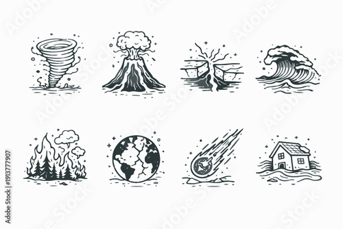 Illustrative representation of various natural disasters, including a tornado, volcano eruption, earthquake, and tsunami