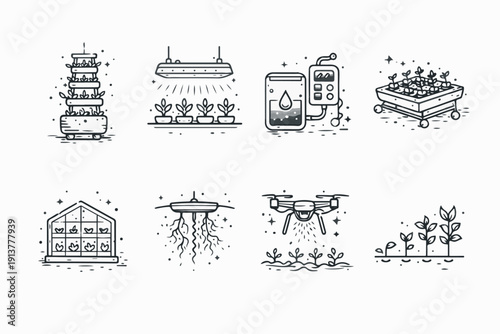 Illustrative icons representing agricultural innovation, showcasing diverse tools and methods for modern farming. These images depict various technological advancements in agriculture.