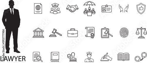 Lawyer Icon Set – 24 Minimalist Legal Symbols Including Courthouse, Gavel, Scales of Justice, Briefcase, Police, Handcuffs, Law Book – Professional Monochrome Vector Collection