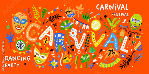 A vibrant carnival illustration with masks foliage and festive lettering
