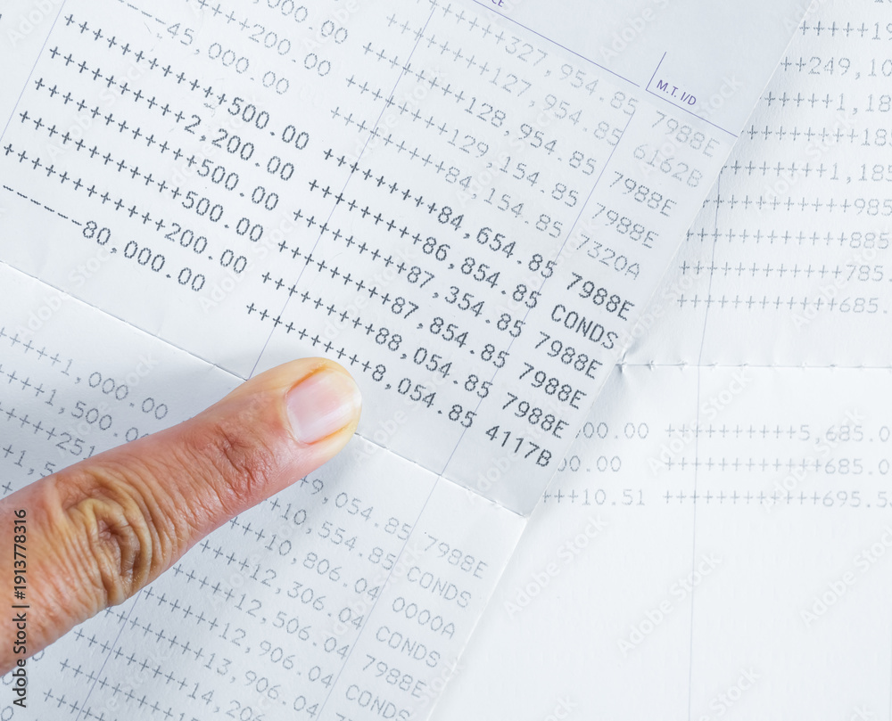 Fototapeta premium Bank account book statement balance number cash, data investment debt math in office, bill receipt and payment business credit card account, check paper financial loan tax concept.