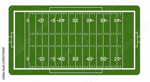 Aerial view of an American Football field with yardage markings and goalposts on a green turf