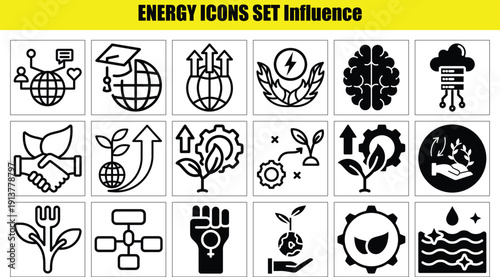 Modern, clean energy icon set featuring solar panels, wind turbines, batteries, lightning bolts, and eco symbols. Perfect for apps, websites, infographics, and sustainability branding. Scalable vector