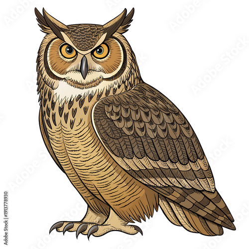 A detailed illustration of an owl with striking yellow eyes and brown feathers